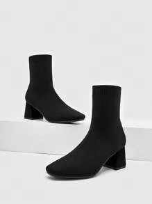 CUCCOO BASICS 女士优雅黑色袜靴，简约方头粗跟一脚蹬靴，适合夏季毕业高跟鞋舞会高跟鞋度假鞋夏季促销圣诞节秋季新年假期 - 黑色 - 查看 3