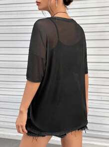 SHEIN EZwear In Đầu lâu Thả vai Lưới Áo Không có áo Top Cami - màu đen - Xem 3