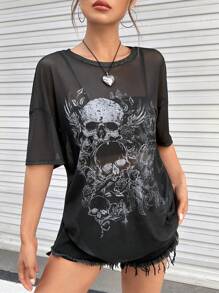 SHEIN EZwear In Đầu lâu Thả vai Lưới Áo Không có áo Top Cami - màu đen - Xem 4