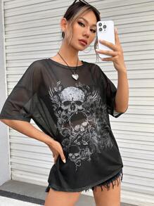 SHEIN EZwear In Đầu lâu Thả vai Lưới Áo Không có áo Top Cami - màu đen - Xem 5