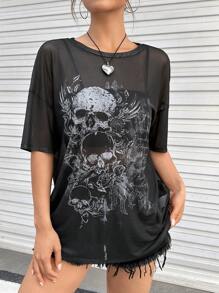 SHEIN EZwear In Đầu lâu Thả vai Lưới Áo Không có áo Top Cami - màu đen - Xem 6