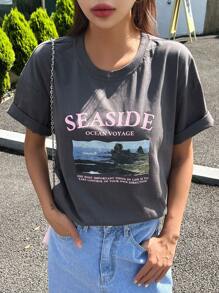 DAZY Slogan Graphic Drop Shoulder Tee - Dark Grey - View 1