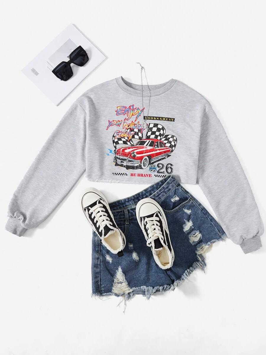 SHEIN EZwear Car & Letter Graphic Drop Shoulder Crop Sweatshirt - Light Grey - View 1