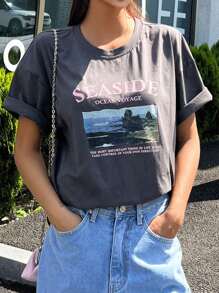 DAZY Slogan Graphic Drop Shoulder Tee - Dark Grey - View 2