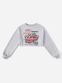 SHEIN EZwear Car & Letter Graphic Drop Shoulder Crop Sweatshirt - Light Grey - View 3