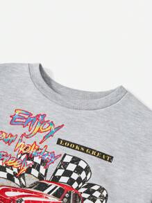SHEIN EZwear Car & Letter Graphic Drop Shoulder Crop Sweatshirt - Light Grey - View 4