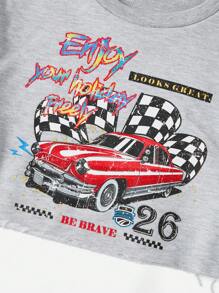 SHEIN EZwear Car & Letter Graphic Drop Shoulder Crop Sweatshirt - Light Grey - View 5