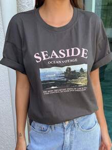 DAZY Slogan Graphic Drop Shoulder Tee - Dark Grey - View 5