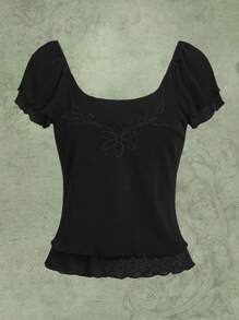 ROMWE Fairycore 印花木耳邊上衣 - 黑色 - 查看 1