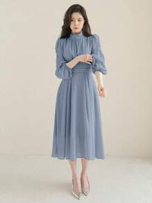 DAZY 小高領燈籠袖連衣裙 - 霧霾藍 - 查看 3