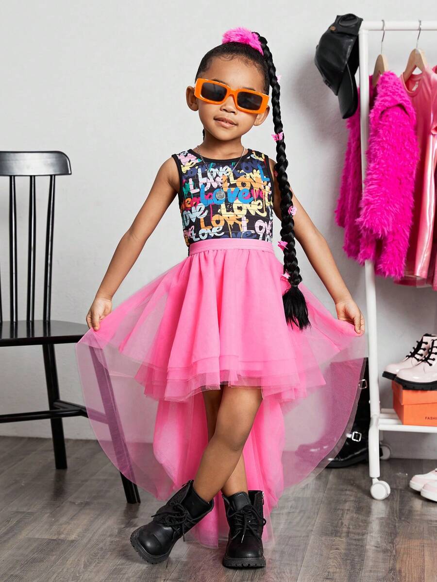 SHEIN Cô Gái Trẻ Đồ họa Chữ cái Áo ba lỗ & Lưới Váy - Nhiều màu - Xem 1