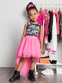 SHEIN Cô Gái Trẻ Đồ họa Chữ cái Áo ba lỗ & Lưới Váy - Nhiều màu - Xem 4