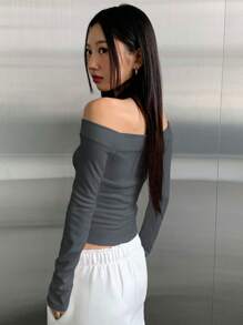 DAZY Off Shoulder Ruched Side Crop Tee,Fall Clothes Long Sleeve Women Tops - Grey - View 4