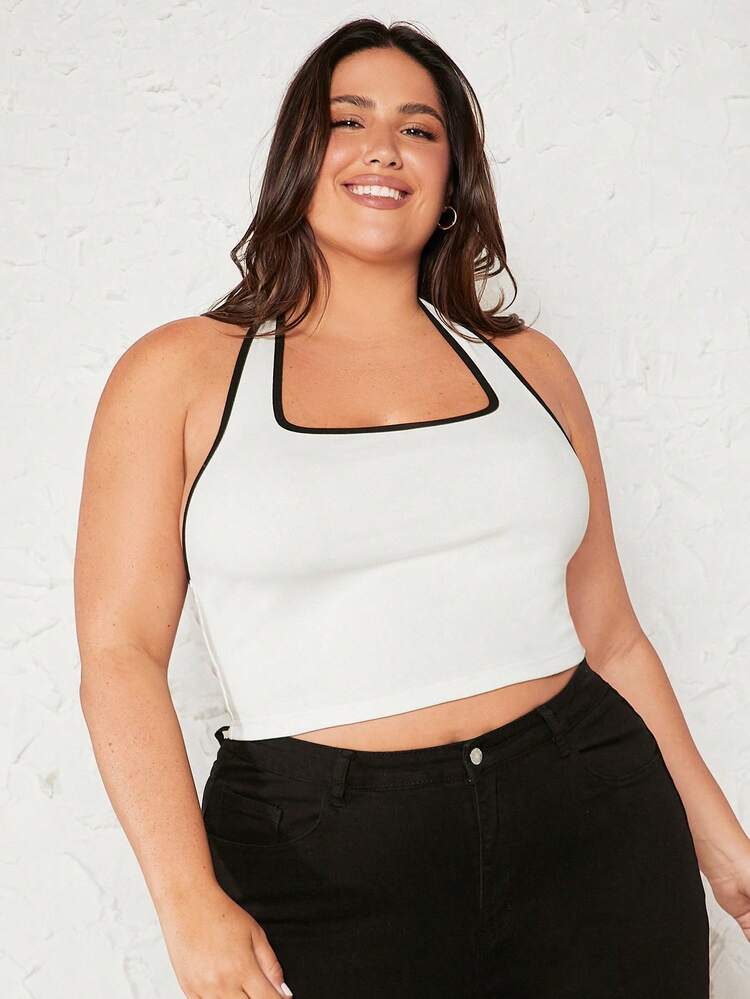 SHEIN BASICS プラス コントラストバインディング クロールホルタートップ - ホワイト - 見る 1