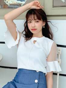 DAZY Áo thun nữ Tương phản Mesh Cắt ra Xù màu trơn Giải trí - trắng - Xem 3