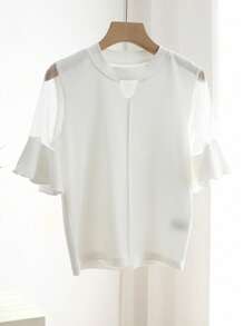 DAZY Áo thun nữ Tương phản Mesh Cắt ra Xù màu trơn Giải trí - trắng - Xem 6