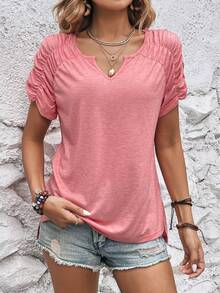 SHEIN LUNE 缺口領褶邊插肩袖T恤 - 珊瑚粉 - 查看 2