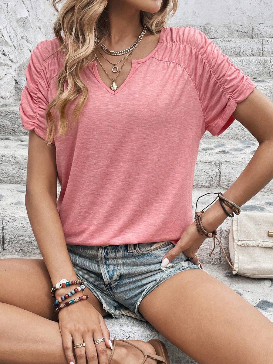 SHEIN LUNE 缺口領褶邊插肩袖T恤 - 珊瑚粉 - 查看 1