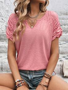 SHEIN LUNE 缺口領褶邊插肩袖T恤 - 珊瑚粉 - 查看 5