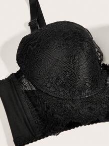 花卉蕾絲鋼圈胸罩 - 黑色 - 查看 5