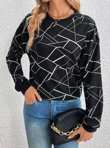 SHEIN Essnce In Địa lý Thả vai Áo nỉ - Đen và trắng - Xem 2