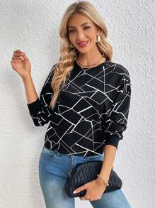 SHEIN Essnce In Địa lý Thả vai Áo nỉ - Đen và trắng - Xem 1