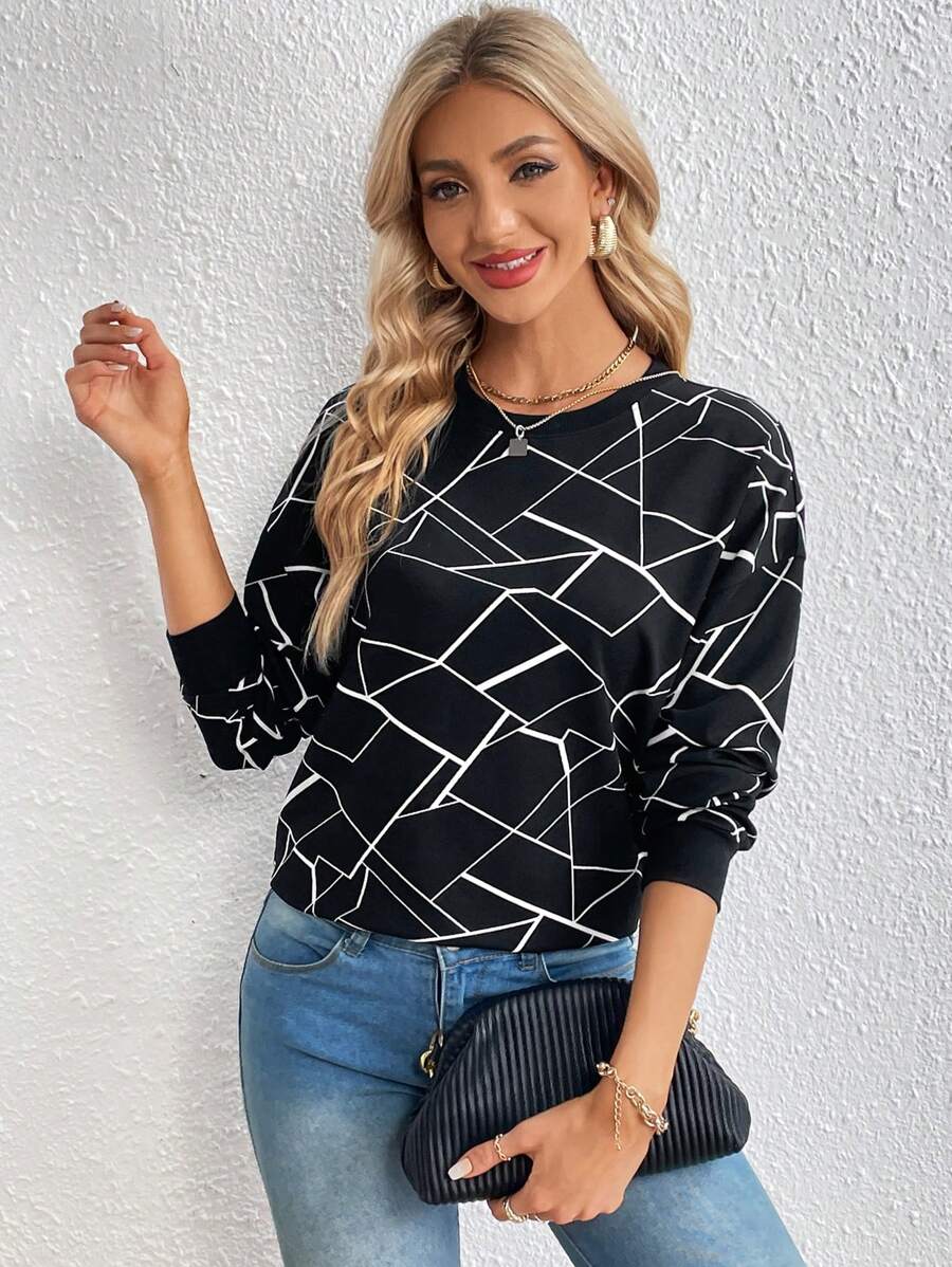 SHEIN Essnce In Địa lý Thả vai Áo nỉ - Đen và trắng - Xem 1
