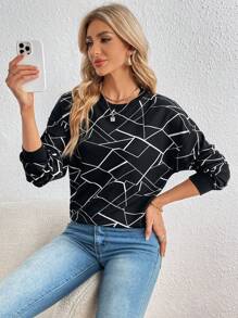 SHEIN Essnce In Địa lý Thả vai Áo nỉ - Đen và trắng - Xem 3