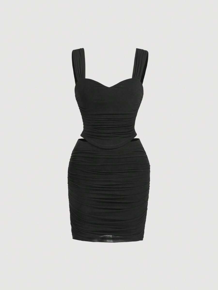 SHEIN MOD 素色褶邊吊帶上衣和包臀半身裙 - 黑色 - 查看 1