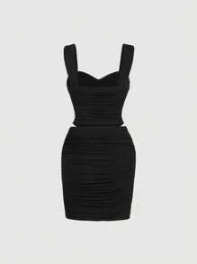 SHEIN MOD 素色褶邊吊帶上衣和包臀半身裙 - 黑色 - 查看 2