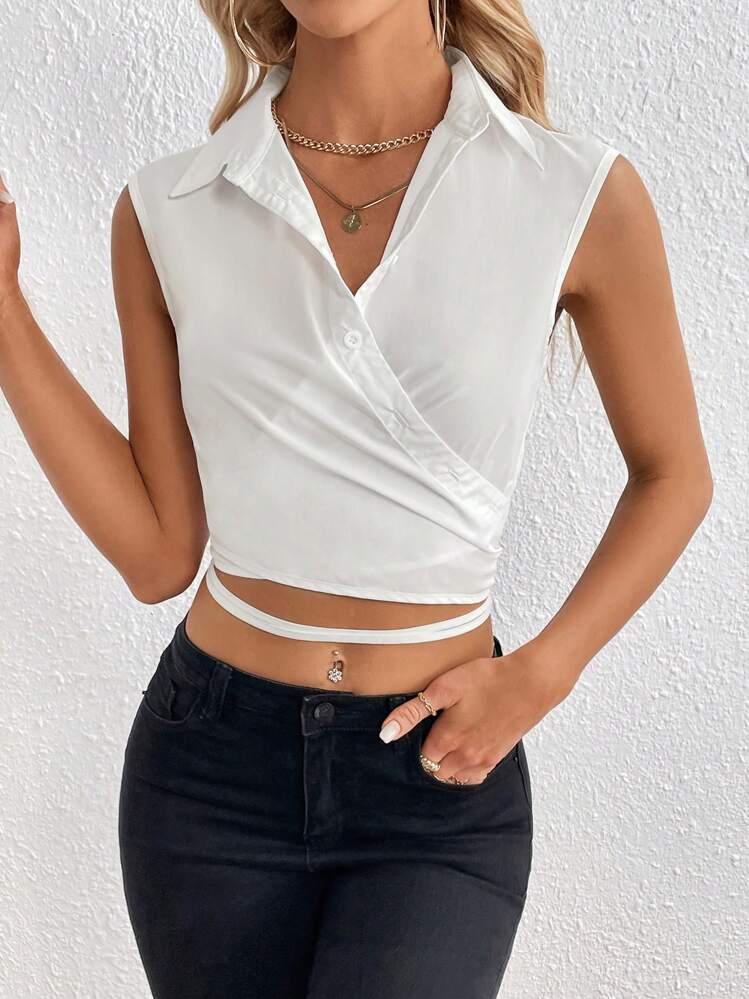SHEIN Privé Solid Wrap Cross Tie Back Crop Blouse - White - View 2