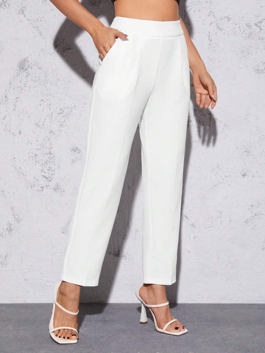 SHEIN PETITE 素色斜口袋西裝褲 - 白色 - 查看 1