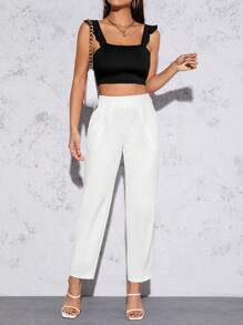 SHEIN PETITE 素色斜口袋西裝褲 - 白色 - 查看 5