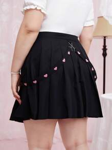 ROMWE Kawaii Plus Heart Print Pleated Skirt - Black - View 2