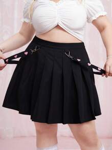 ROMWE Kawaii Plus Heart Print Pleated Skirt - Black - View 4