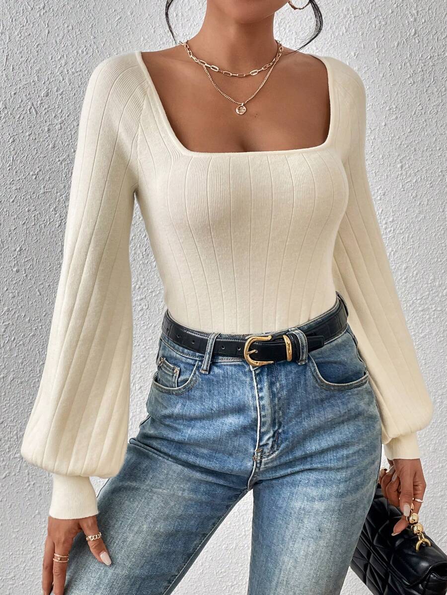 SHEIN Privé 方領燈籠袖套頭毛衣 - 米色 - 查看 1