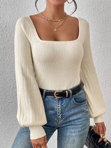 SHEIN Privé 方領燈籠袖套頭毛衣 - 米色 - 查看 5