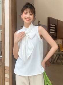 DAZY Solid Tie Front Sleeveless Blouse Going Out Tops - White - View 9