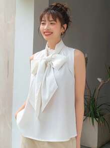 DAZY Solid Tie Front Sleeveless Blouse Going Out Tops - White - View 3