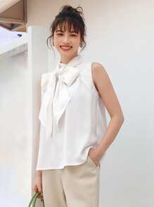 DAZY Solid Tie Front Sleeveless Blouse Going Out Tops - White - View 5