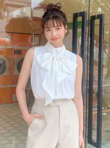 DAZY Solid Tie Front Sleeveless Blouse Going Out Tops - White - View 6