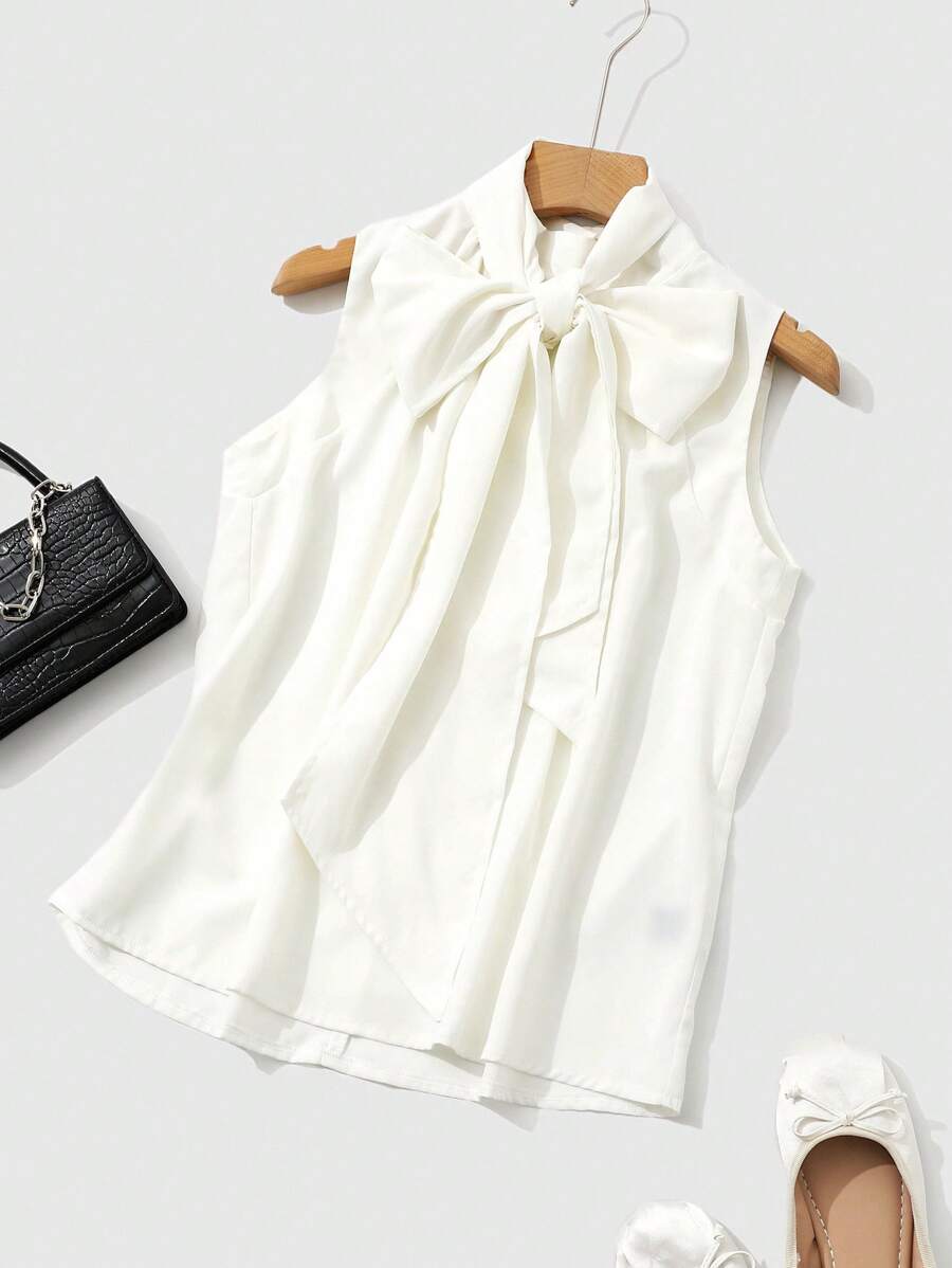 DAZY Solid Tie Front Sleeveless Blouse Going Out Tops - White - View 1