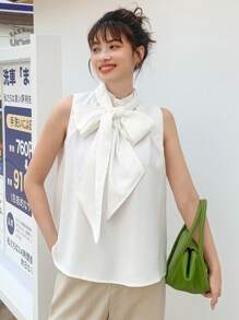 DAZY Solid Tie Front Sleeveless Blouse Going Out Tops - White - View 10