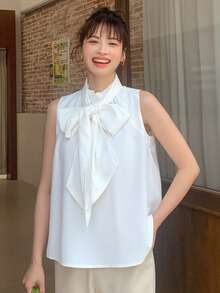 DAZY Solid Tie Front Sleeveless Blouse Going Out Tops - White - View 11