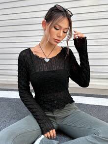 SHEIN EZwear Solid Lettuce Trim Mesh Top Without Cami Top - Black - View 3