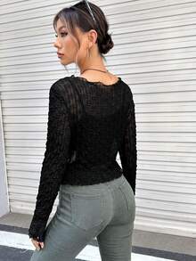 SHEIN EZwear Solid Lettuce Trim Mesh Top Without Cami Top - Black - View 2