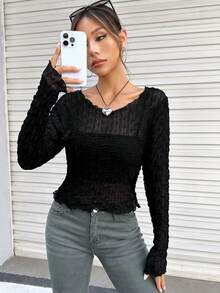 SHEIN EZwear Solid Lettuce Trim Mesh Top Without Cami Top - Black - View 4