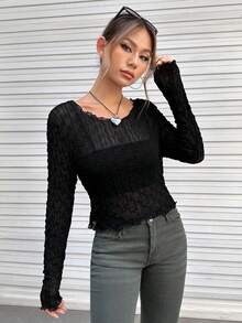 SHEIN EZwear Solid Lettuce Trim Mesh Top Without Cami Top - Black - View 5