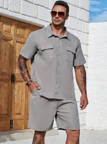 Manfinity Homme Men Plus Flap Pocket Shirt & Drawstring Waist Shorts Without Tee - Grey - View 1