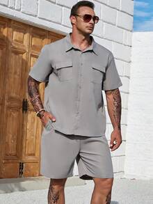 Manfinity Homme Men Plus Flap Pocket Shirt & Drawstring Waist Shorts Without Tee - Grey - View 3